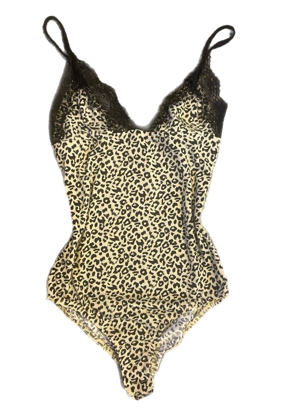Leopard Lace Trim Teddy Bodysuit - Black & Tan